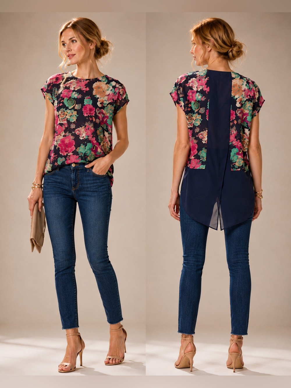 Anthropologie Maeve 100% Silk Floral Split Back Blouse Navy Pink SemiSheer Top 6